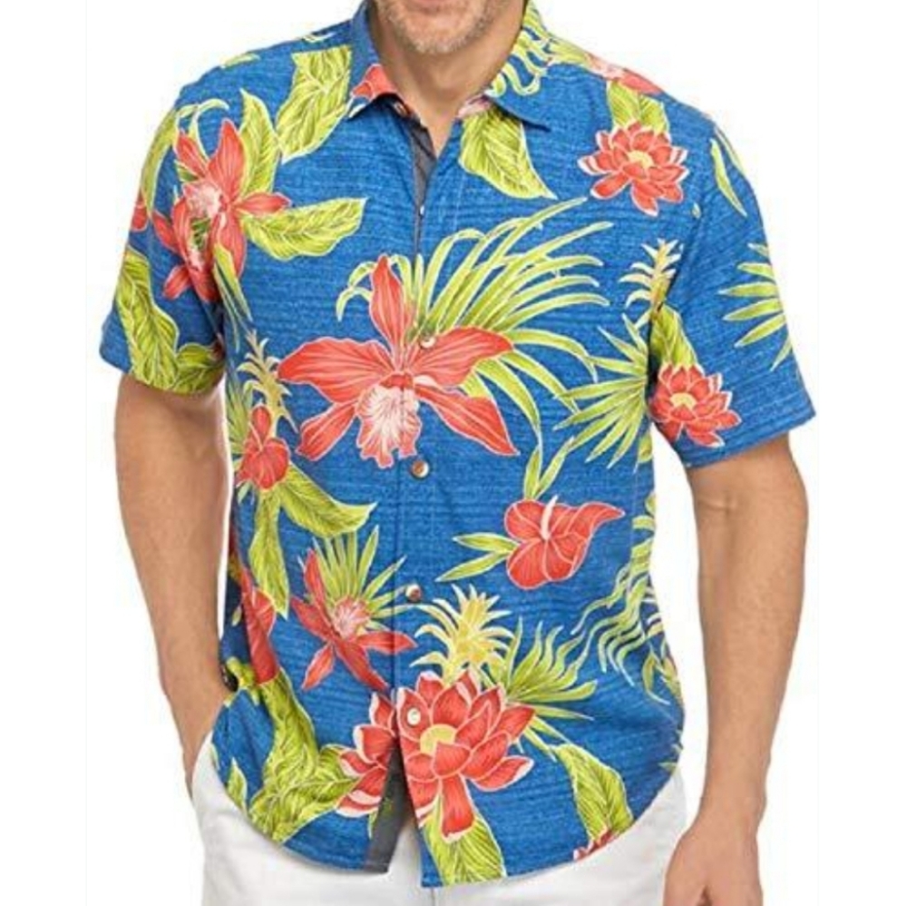 Tommy Bahama Mahala Blooms Island Silk Camp Shirt Color Turkish Sea Mens Size XL